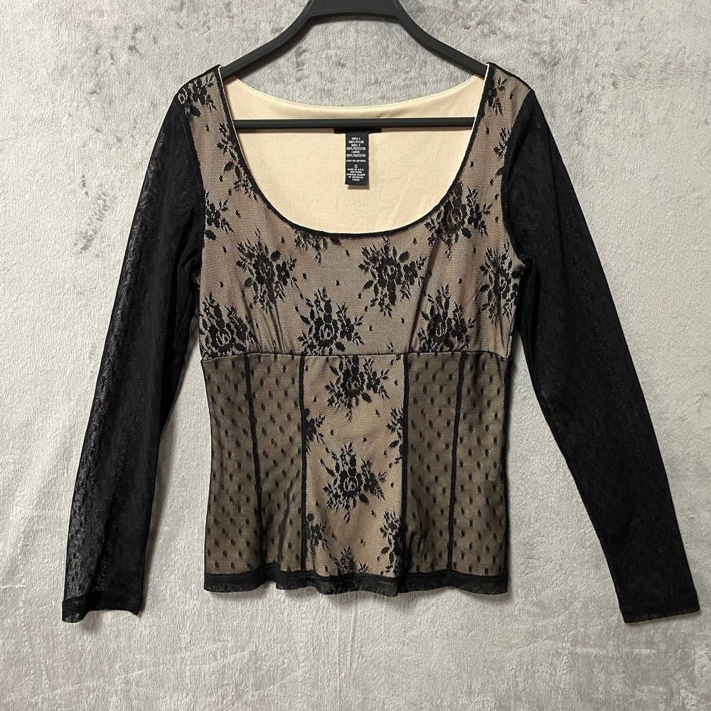 Vintage New York & Company Y2K Black Floral Lace Mesh Corset Long Sleeve Top S